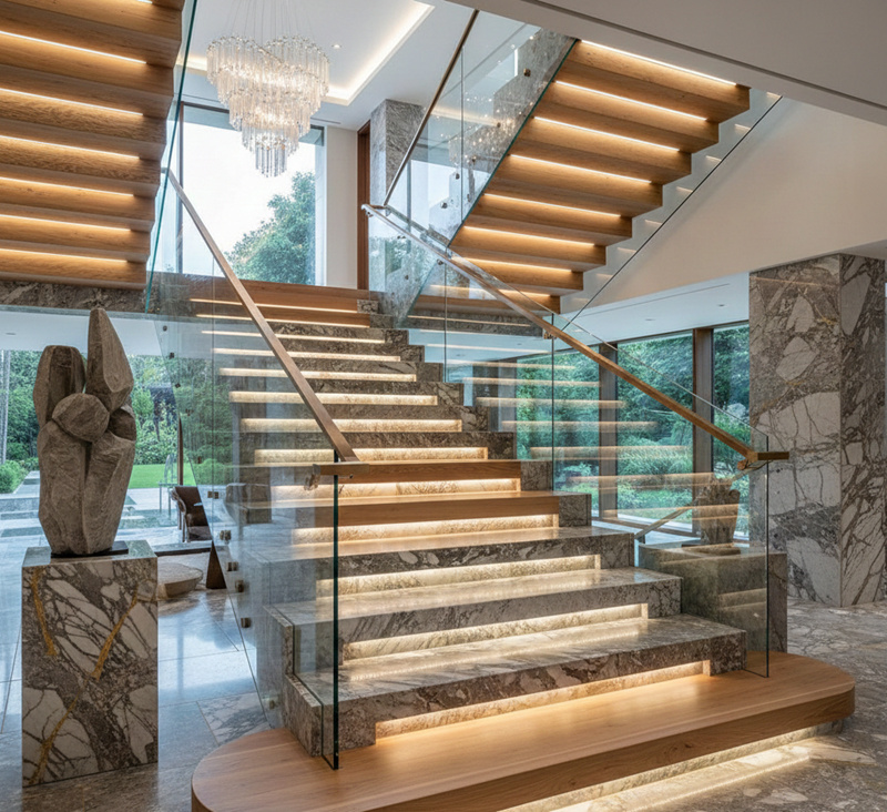 ترکیب فینگر جوینت و سنگ در راه پله